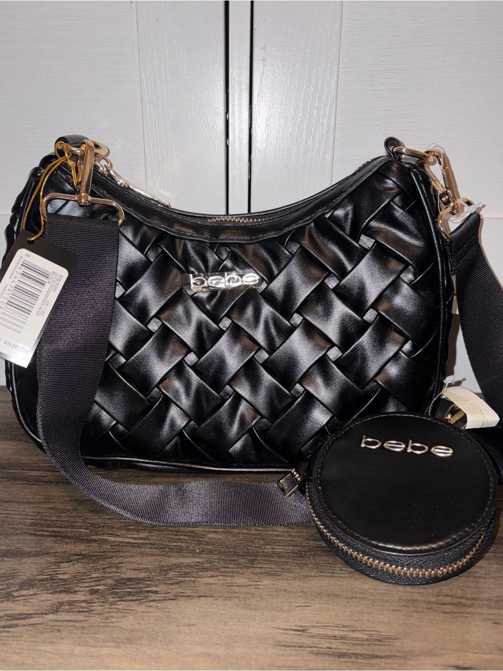 bebe Black Woven Shoulder Bag with Detachable Strap and Coin Pouch